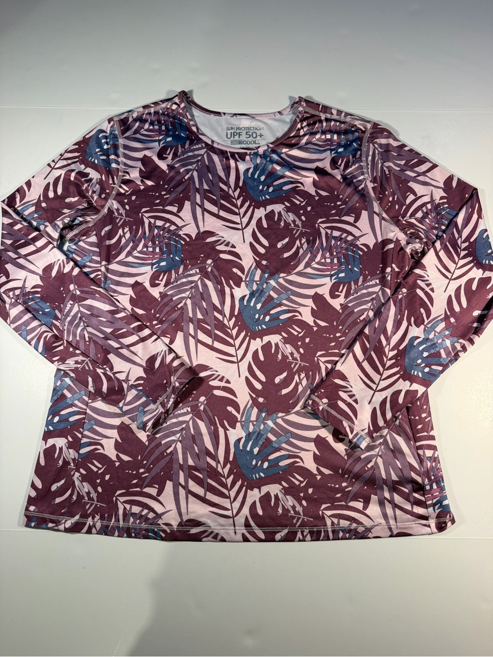 Women's Long Sleeve UPF Swim Coverup - Pink with Burgundy & Blue Leaf Print